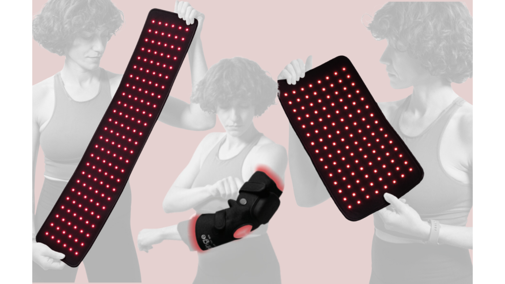 A woman demonstrates three Fringe Red Light Therapy Products