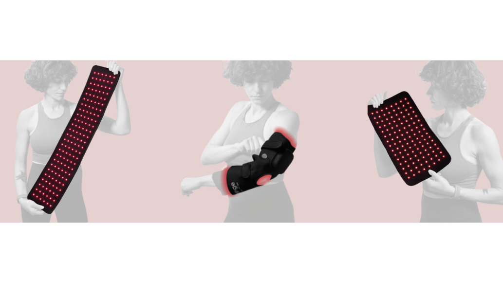 A woman demonstrates three Fringe Red Light Therapy Products