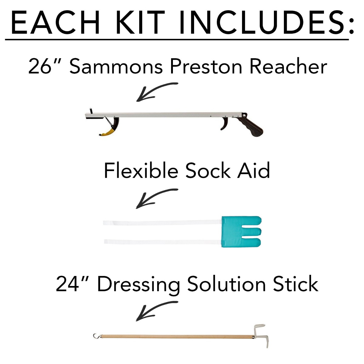 Sammons Preston Assistive Device Kit – Dressing Stick, Flexible Sock Aid, Reacher