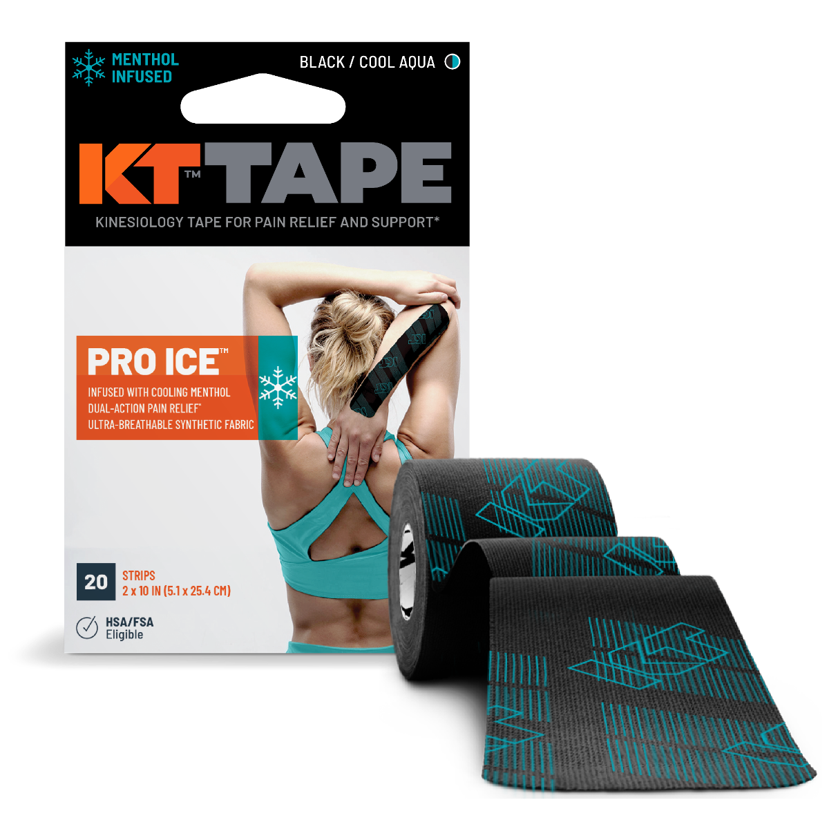 KT Tape Pro Ice Precuts 10" 20/Roll, Black/Cool Aqua