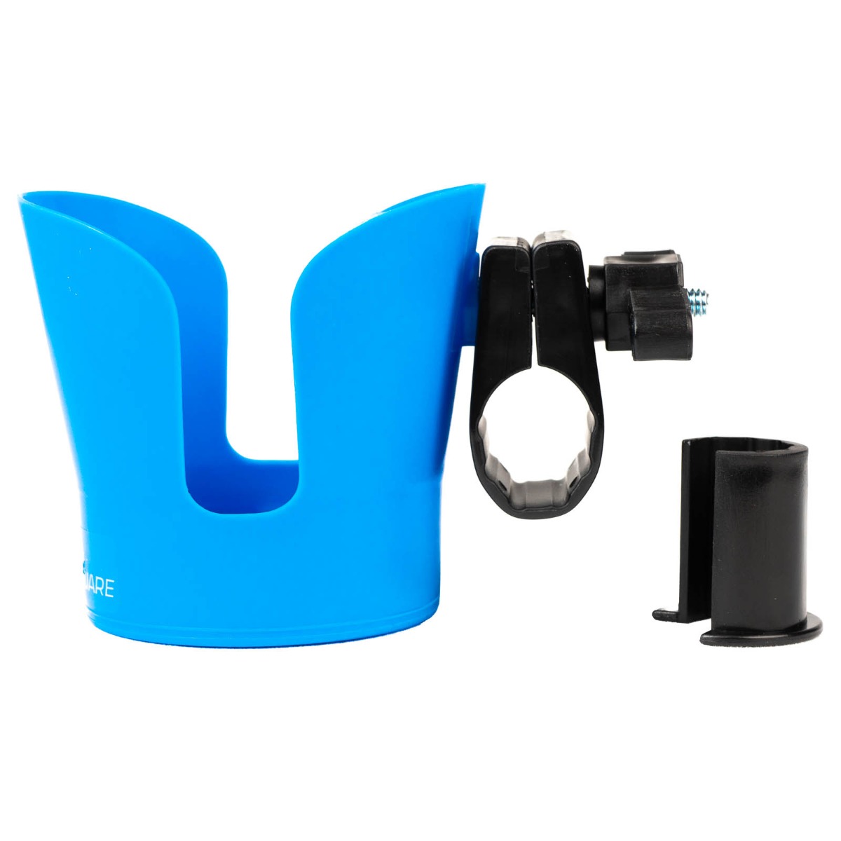 Blue wheelchair cup holder pictured in use holding a coffee mug.