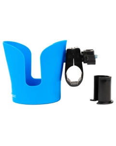 Blue wheelchair cup holder pictured in use holding a coffee mug.