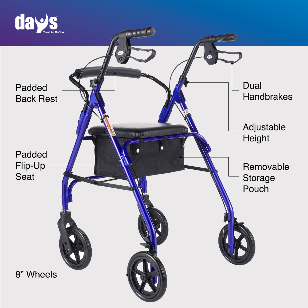 Days Lightweight Aluminum Rollator, Blue