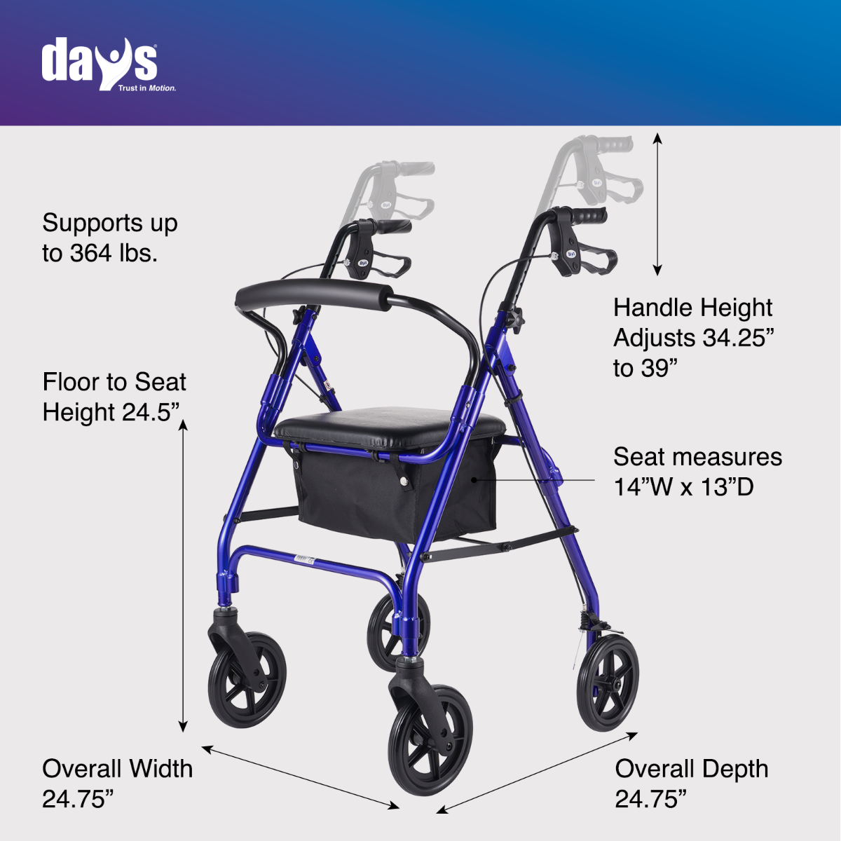 Days Lightweight Aluminum Rollator, Blue