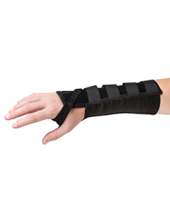 Black Rolyan AlignRite Wrist Support without Strap pictured in the long length.