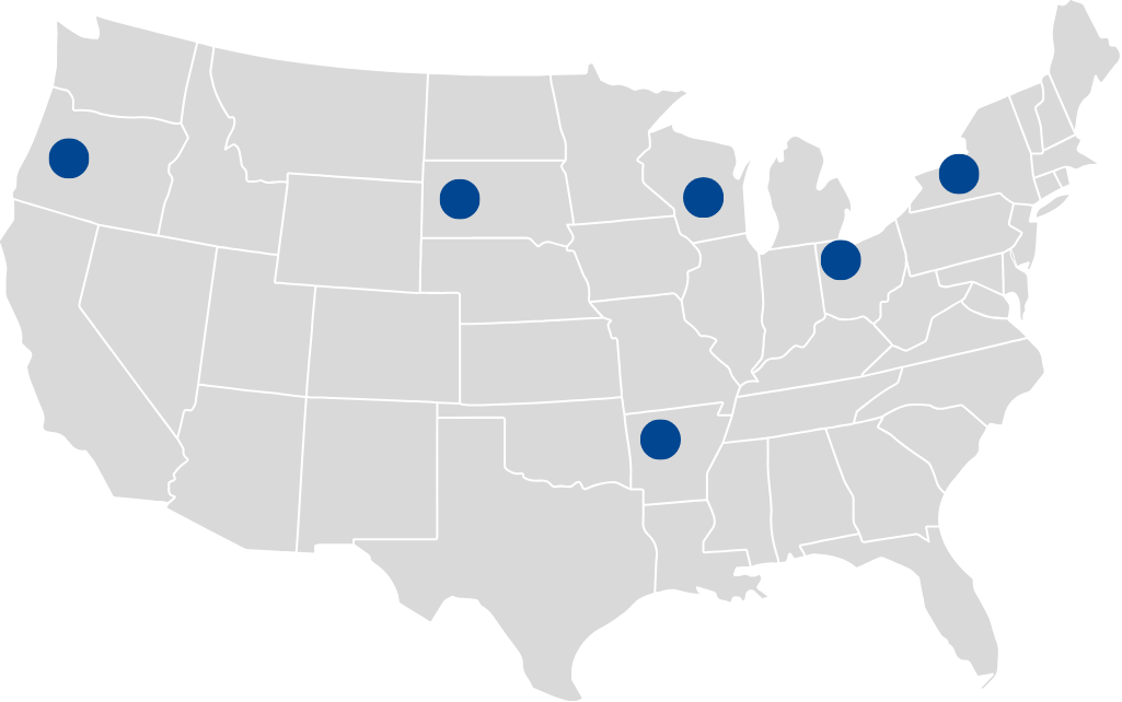 Map of the USA with pins for our facility locations