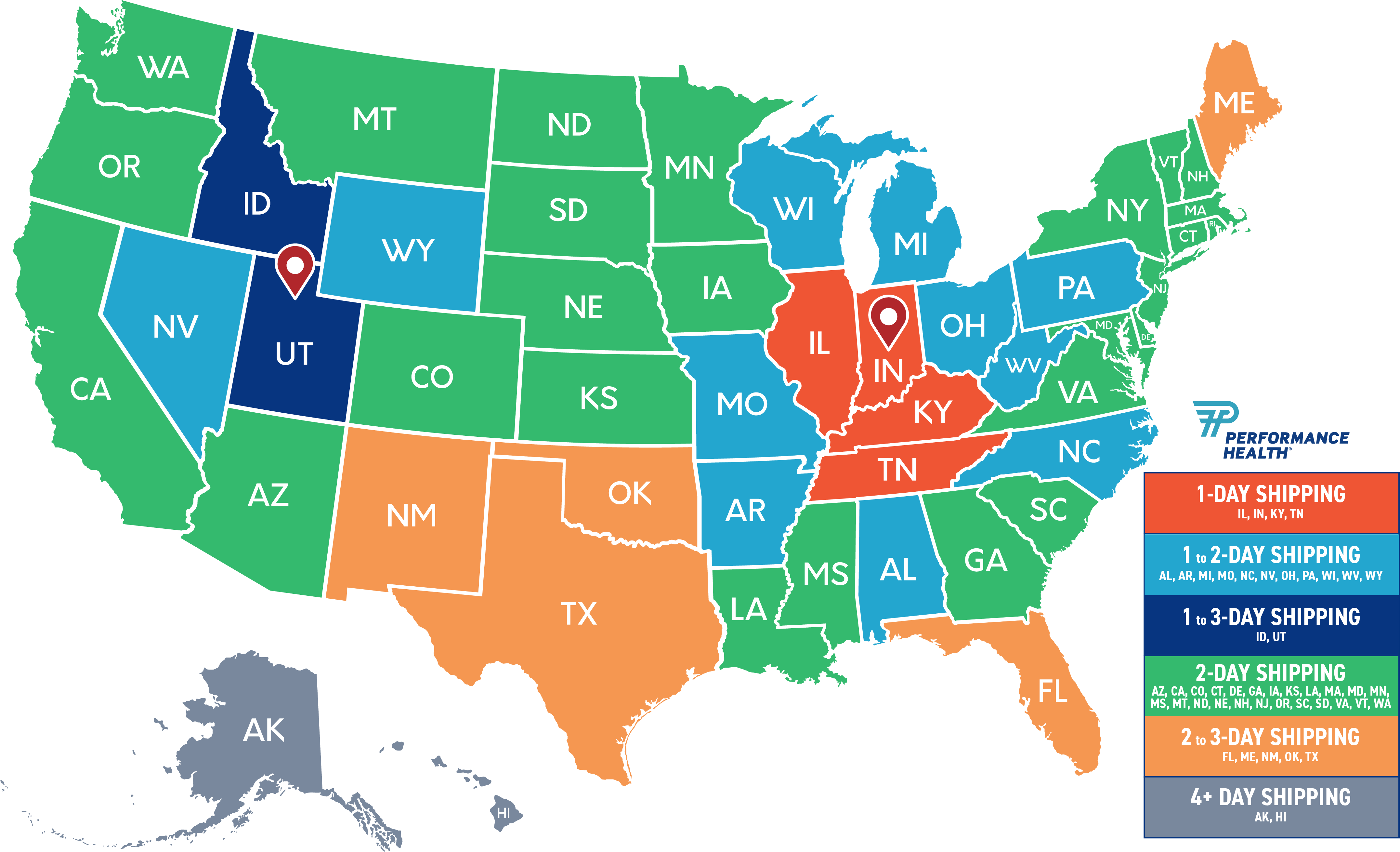 Map of US with highlighted zones for shipping timelines from Performance Health distribution centers.