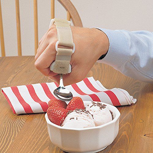Person using spoon in utensil holder with plastic base to reach into bowl of ice cream