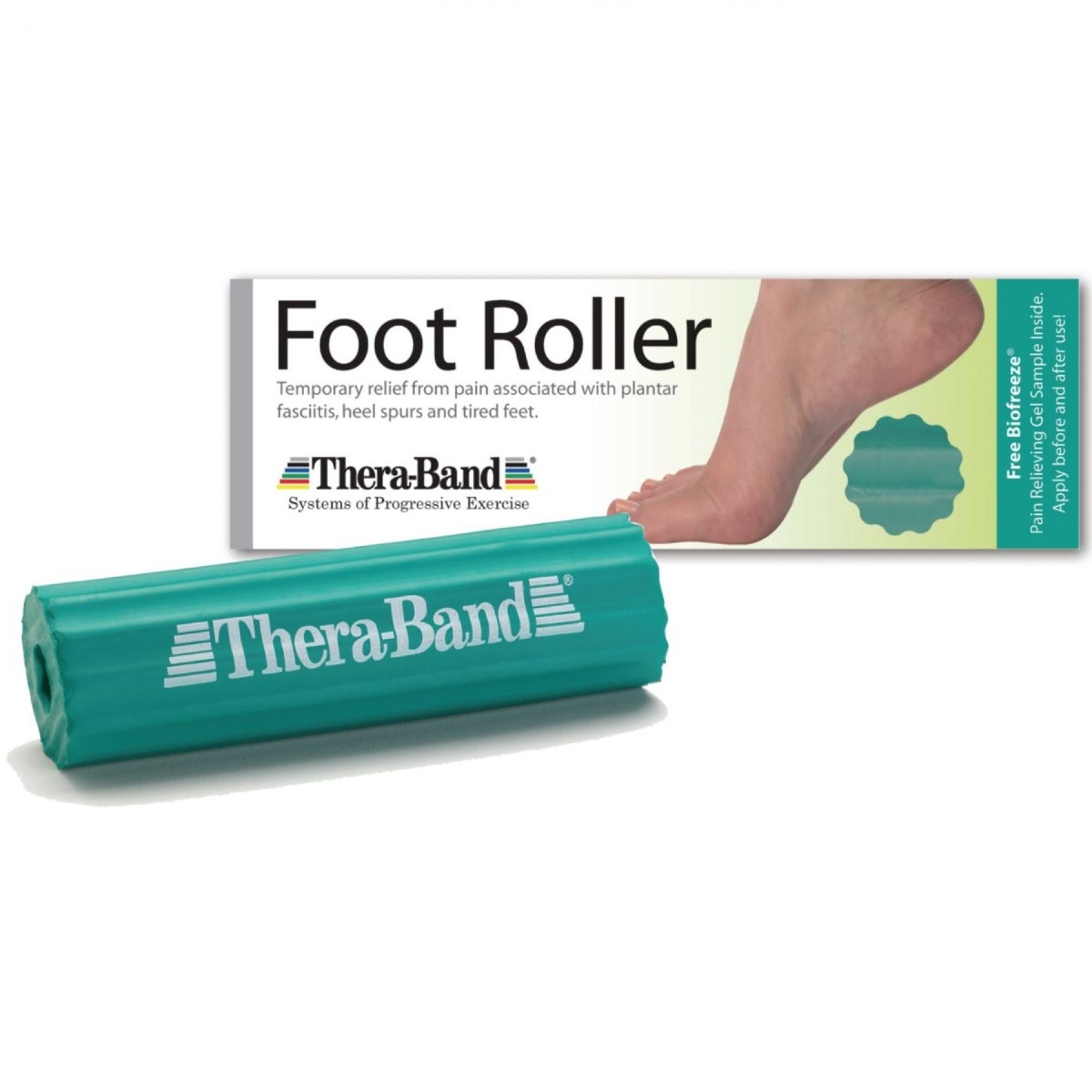 Product photo of green Theraband foot roller in front, with box behind it