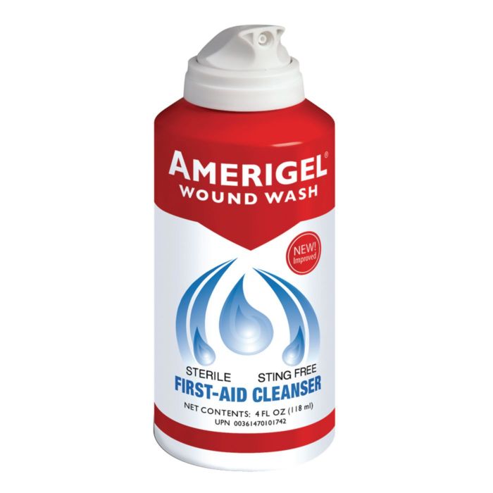 Red, white and blue 4 oz. can of Amerigel Wound Wash