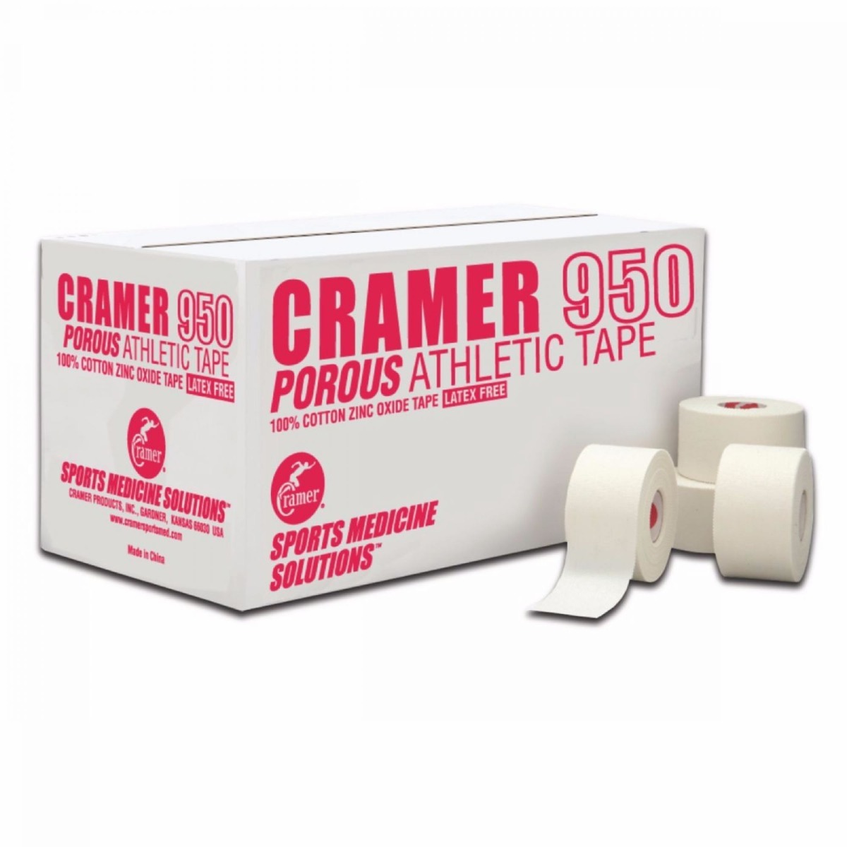 Box of Cramer 950 Porous Athletic Tape with 4 rolls shown next to the box