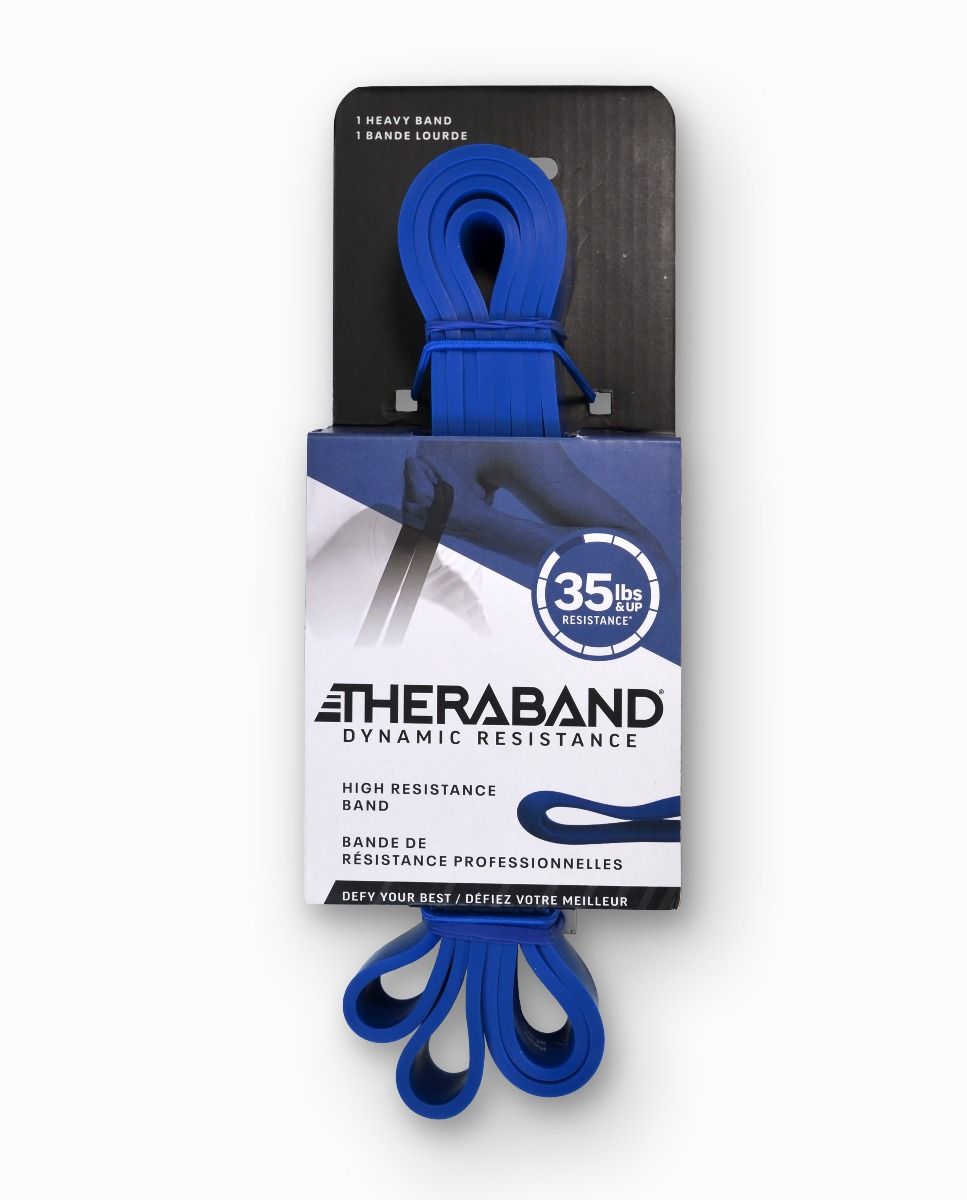 Blue TheraBand heavy dynamic resistance band with 35+lbs. of resistance in product packaging