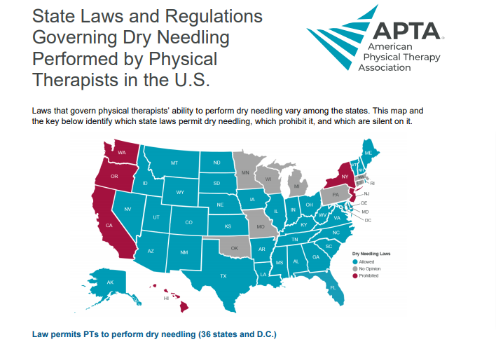 Map of the United States that shows States Laws Governing Dry Needling Practice by Physical Therapists: 2019