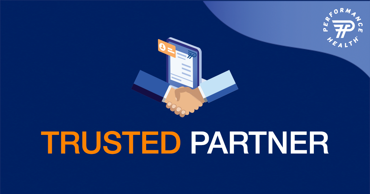 Blue graphic that says Trusted Partner with vector illustration of a handshake with white Performance Health logo in top right