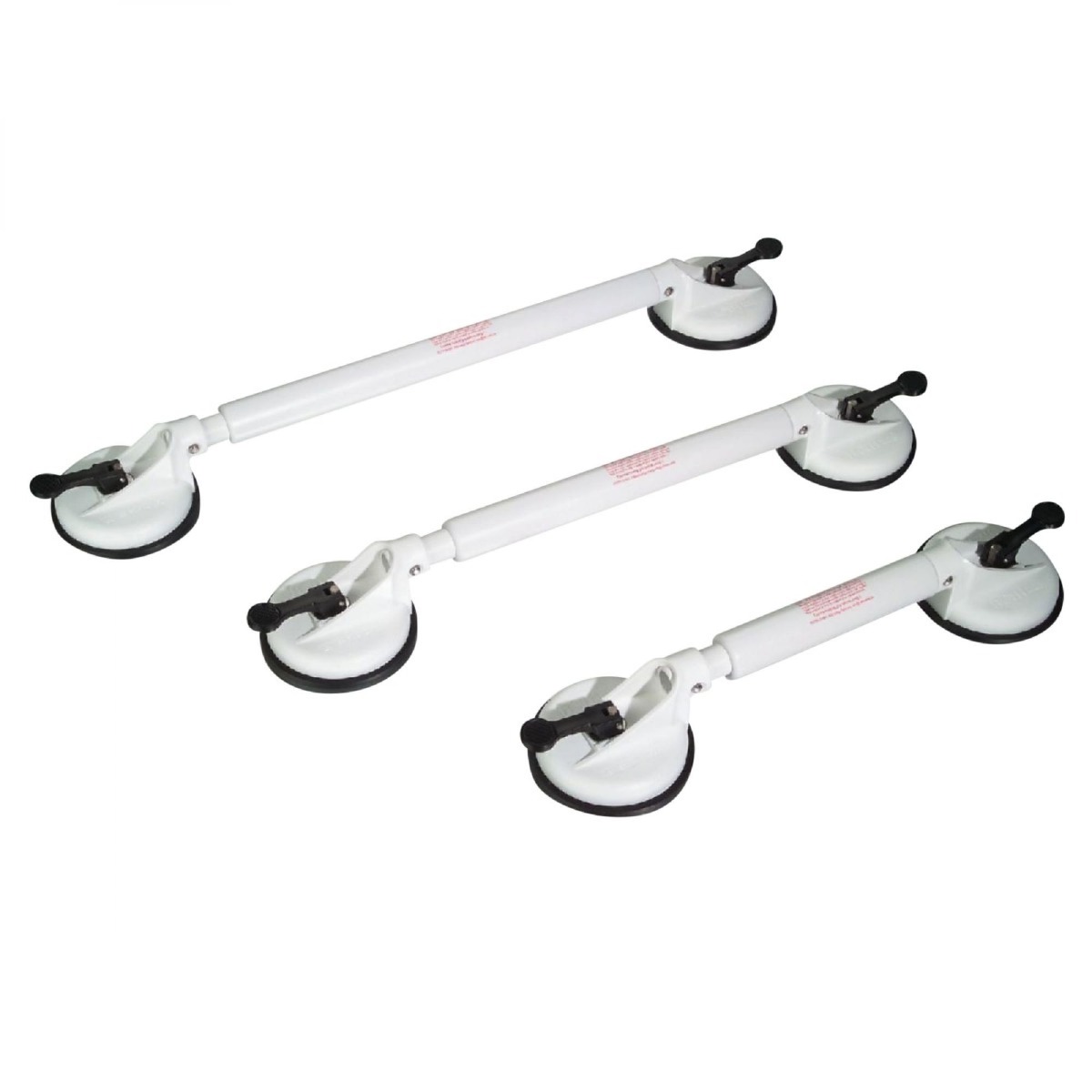 Grab bars in three different lengths with white handles and black suction cups