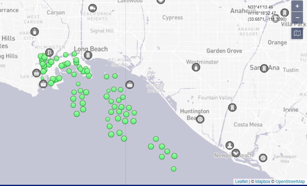 Map of Long Beach, CA shipping port with green dots in port or out at sea, each dot indicating a ship waiting to be unloaded at the port