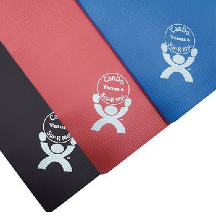 CanDo foam Exercise Mats in black, red and blue.