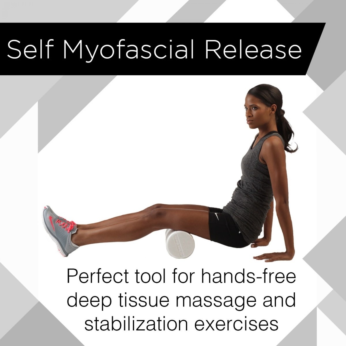 Person on floor, using foam roller on hamstring muscle, with text overlay that says Self Myofascial Release