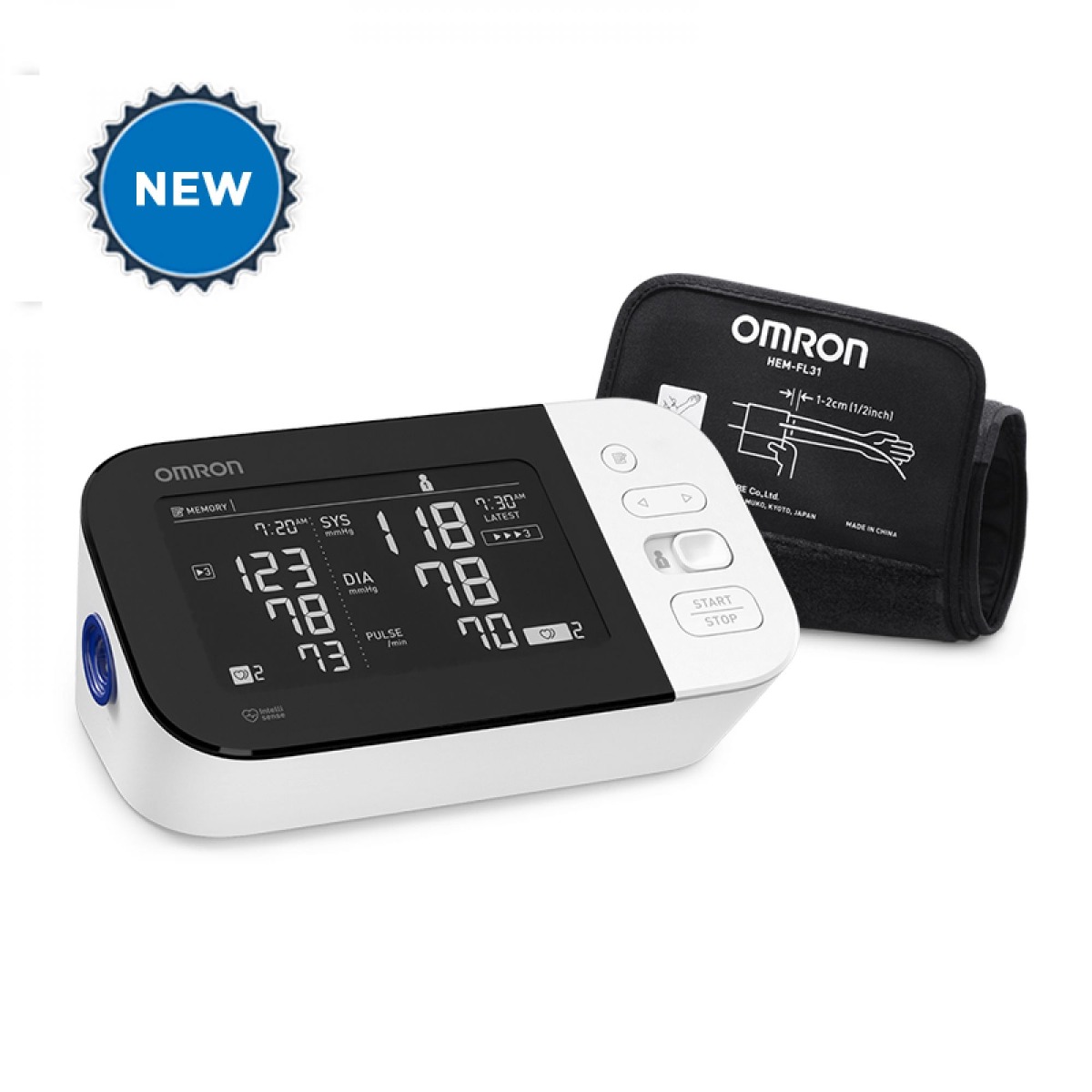 New wireless Omron 10 series arm blood pressure monitor machine with digital display and cuff