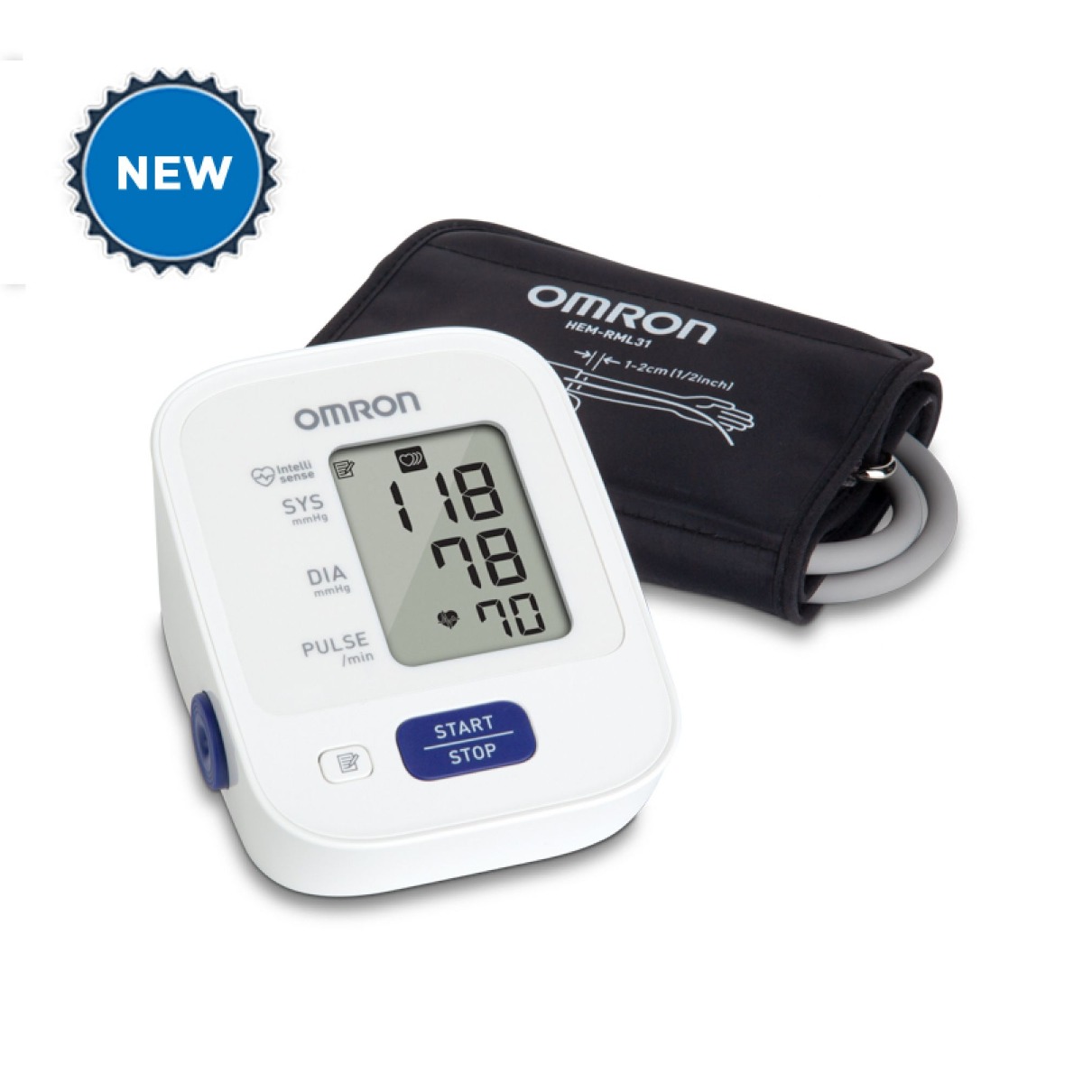 New white Omron 3 series arm blood pressure monitor machine with digital display and cuff