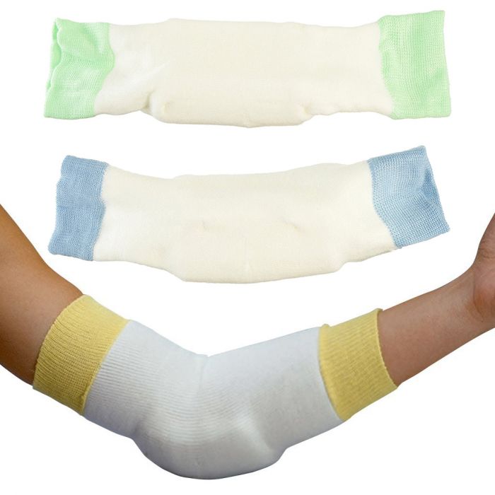 Person wearing Rolyan elbow protector with other options shown
