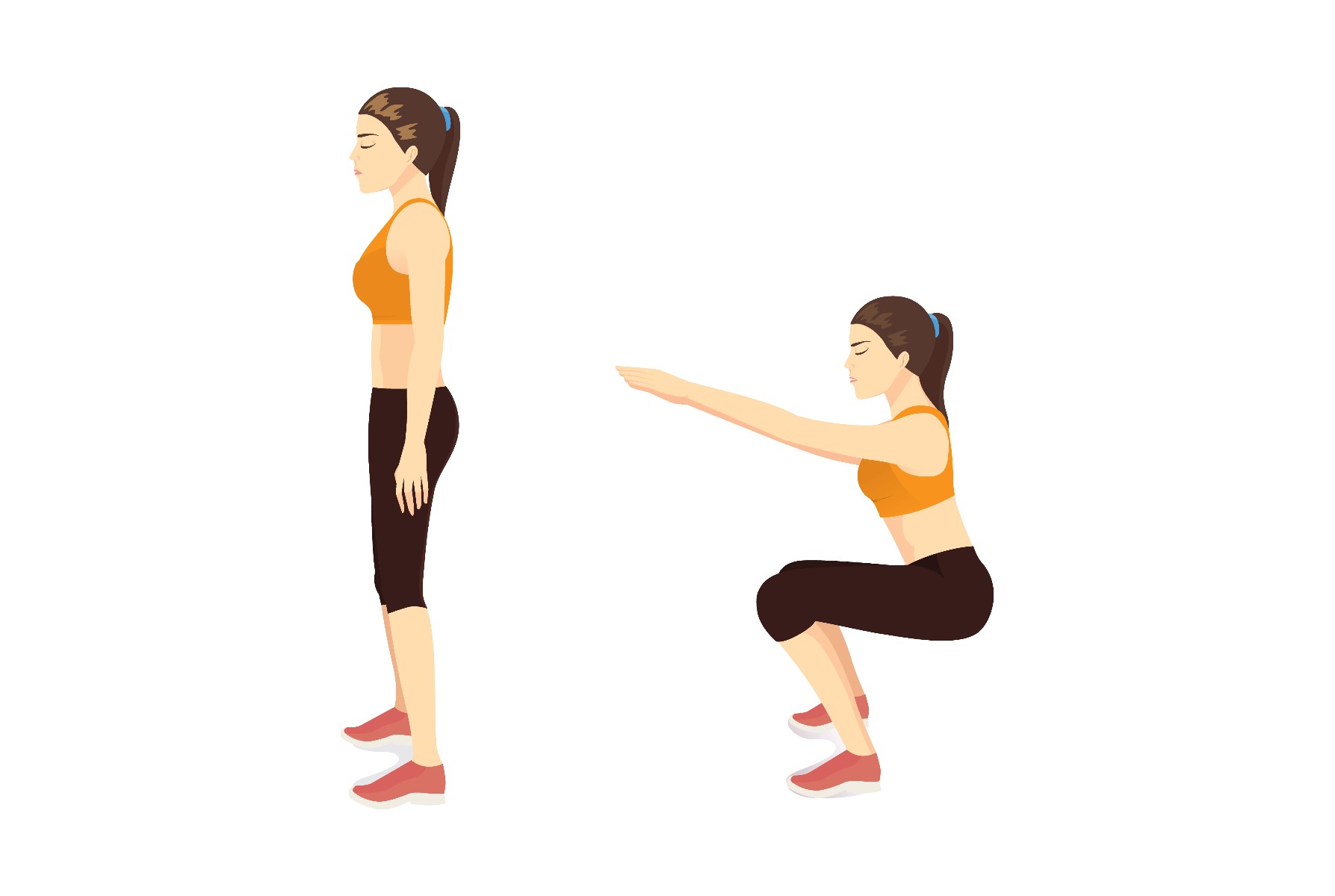 Side view of a woman standing, then extending her arms out straight and bending into a squat position