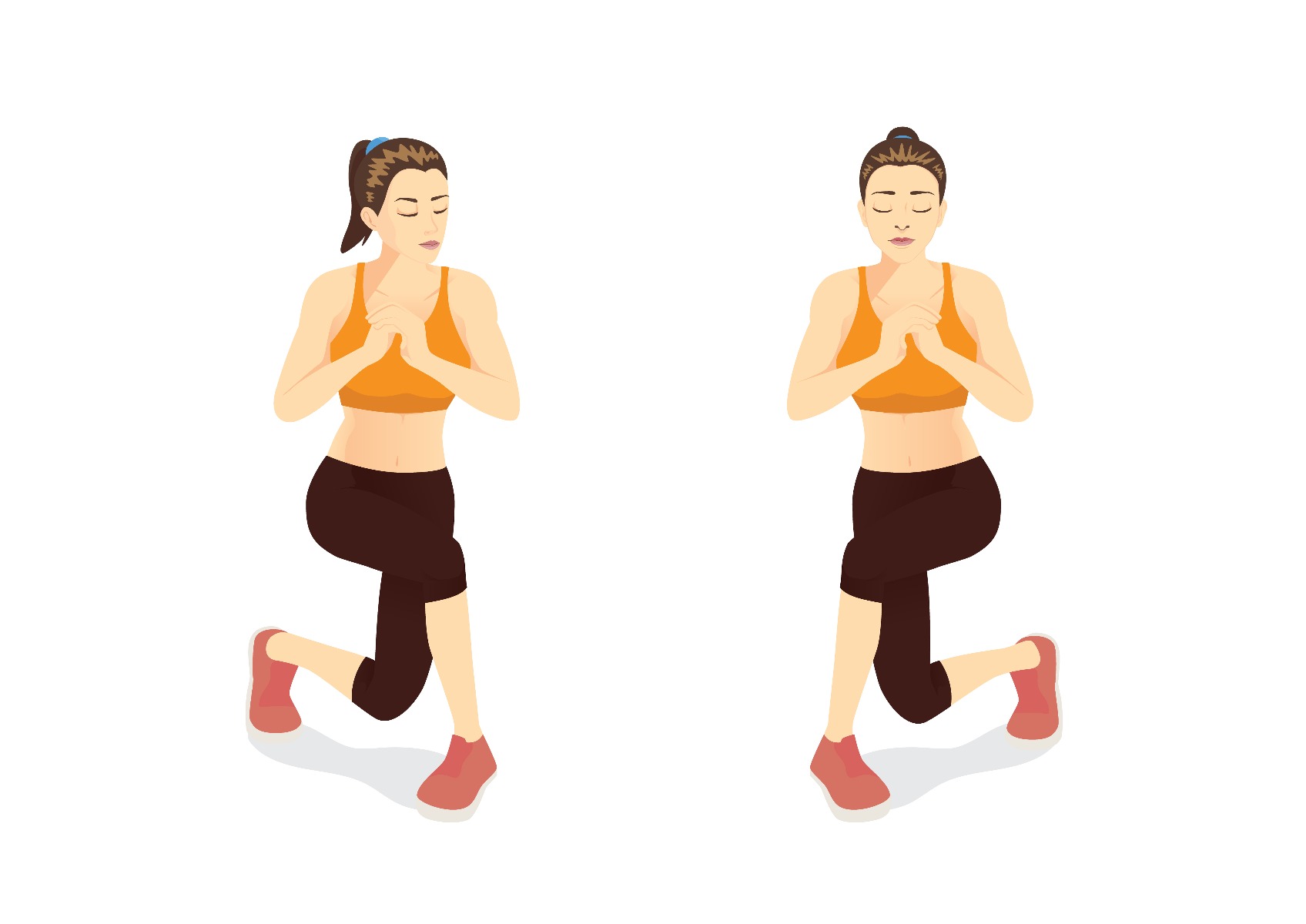 Woman doing alternating curtsy lunges with her hands held together at her chest for balance