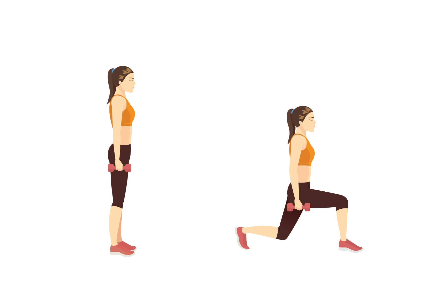 Woman holding dumbells at side standing, then moving into a lunge