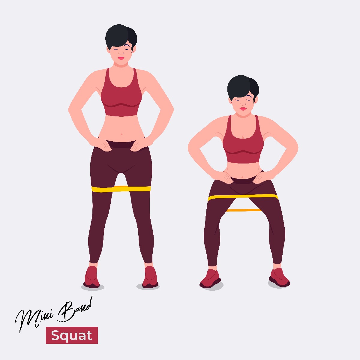 Illustration of a woman with a resistance band above her knees standing & lowering into a squat
