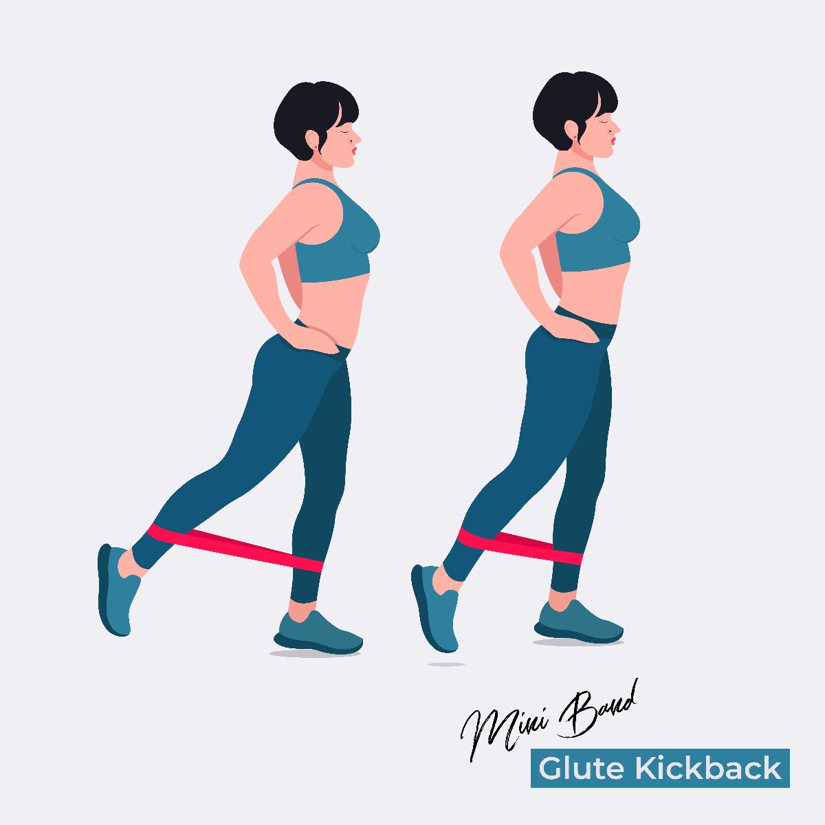 Illustration of a woman with a resistance band around her ankles, kicking 1 leg back & then returning to a standing position