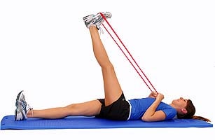 prone stretching with a theraband resistance band