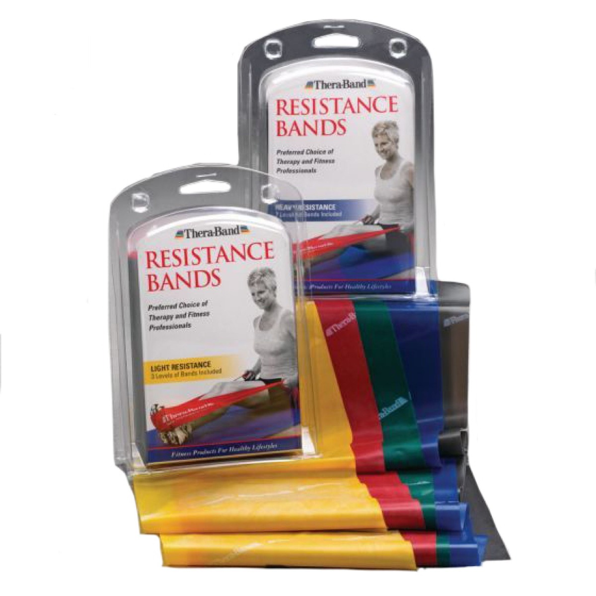 TheraBand Resistance Band Advanced Kit packaging and different color coded resistance bands 