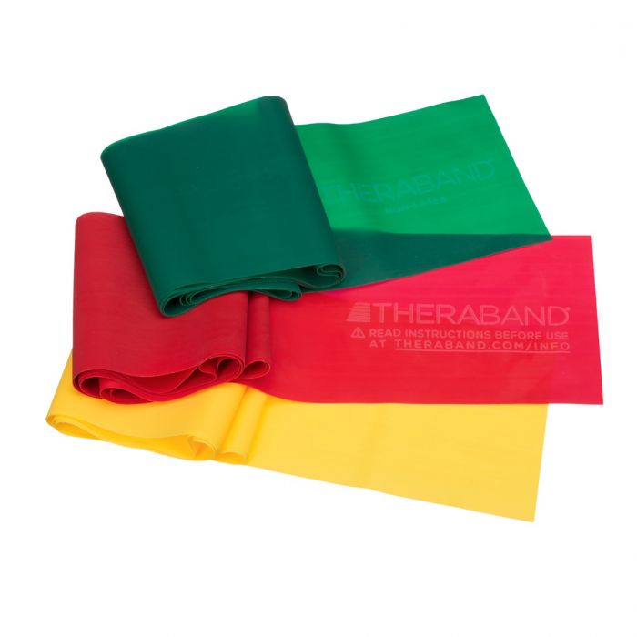 Green, red and yellow TheraBand resistance bands