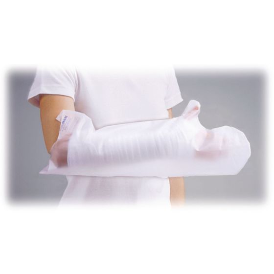 BSN Medical Water tight reusable cast and bandage protector pictured on a right arm giving a thumbs up