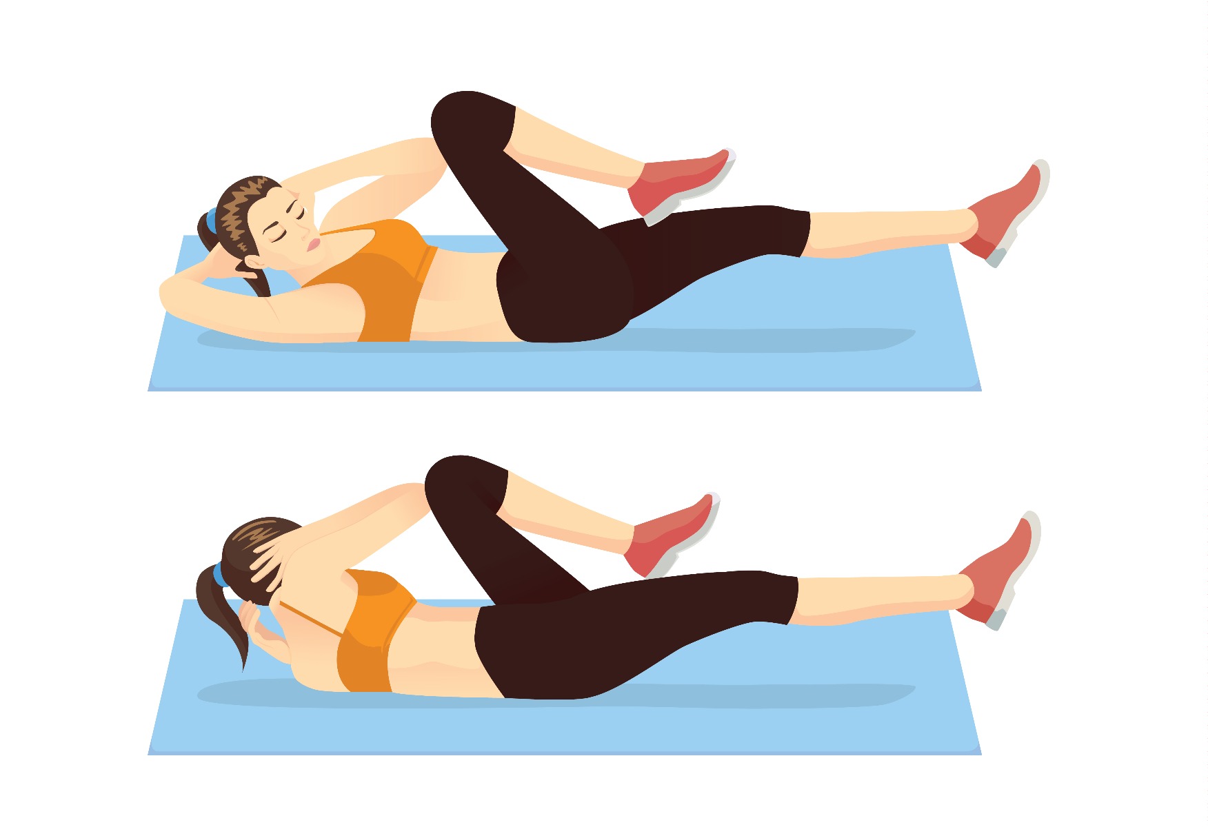Illustration of a woman laying on blue mat doing bicycle crunches