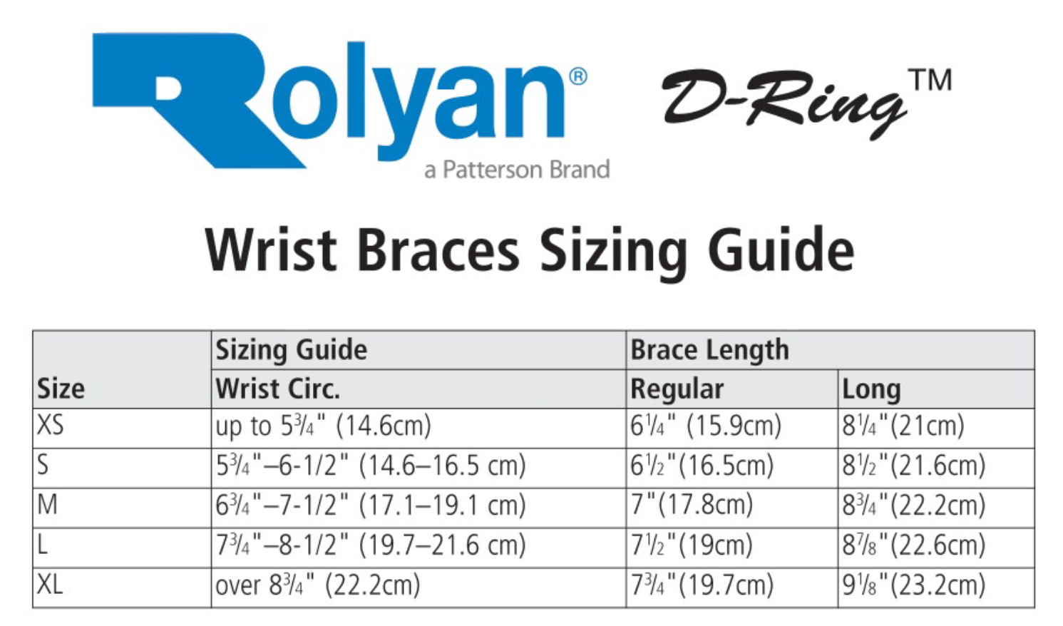 Wrist Brace Size Chart